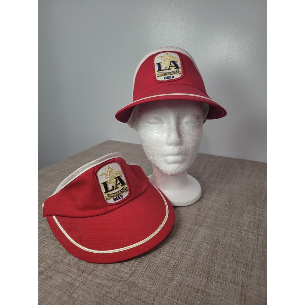 Vintage Anheuser-Busch LA Beer Sun Visor Red White Adjustable Hat Set of 2